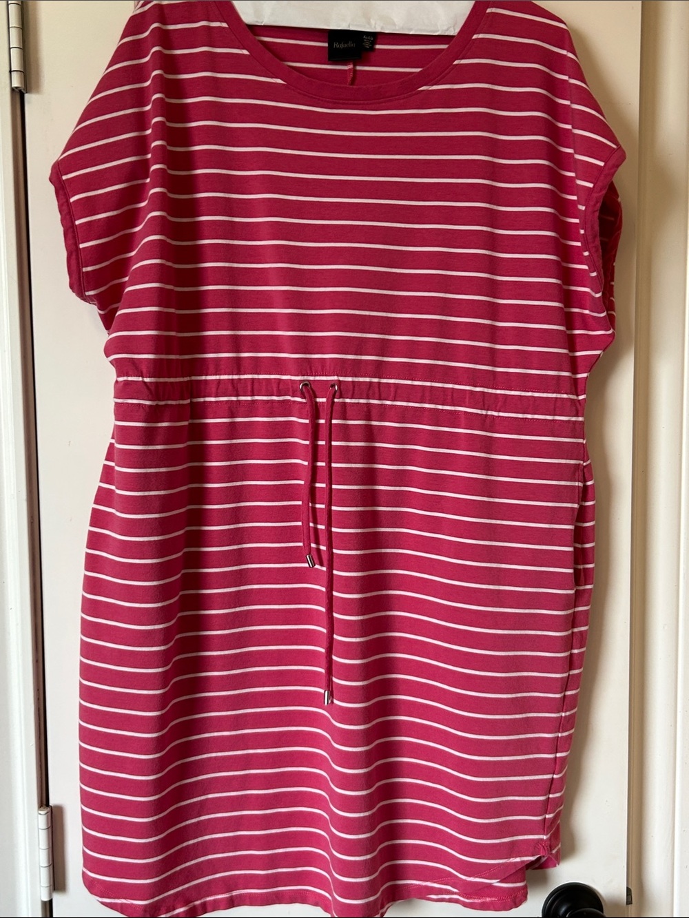 Rafaella Pink and White Striped Midi Dress. Draw string with silver grommets.